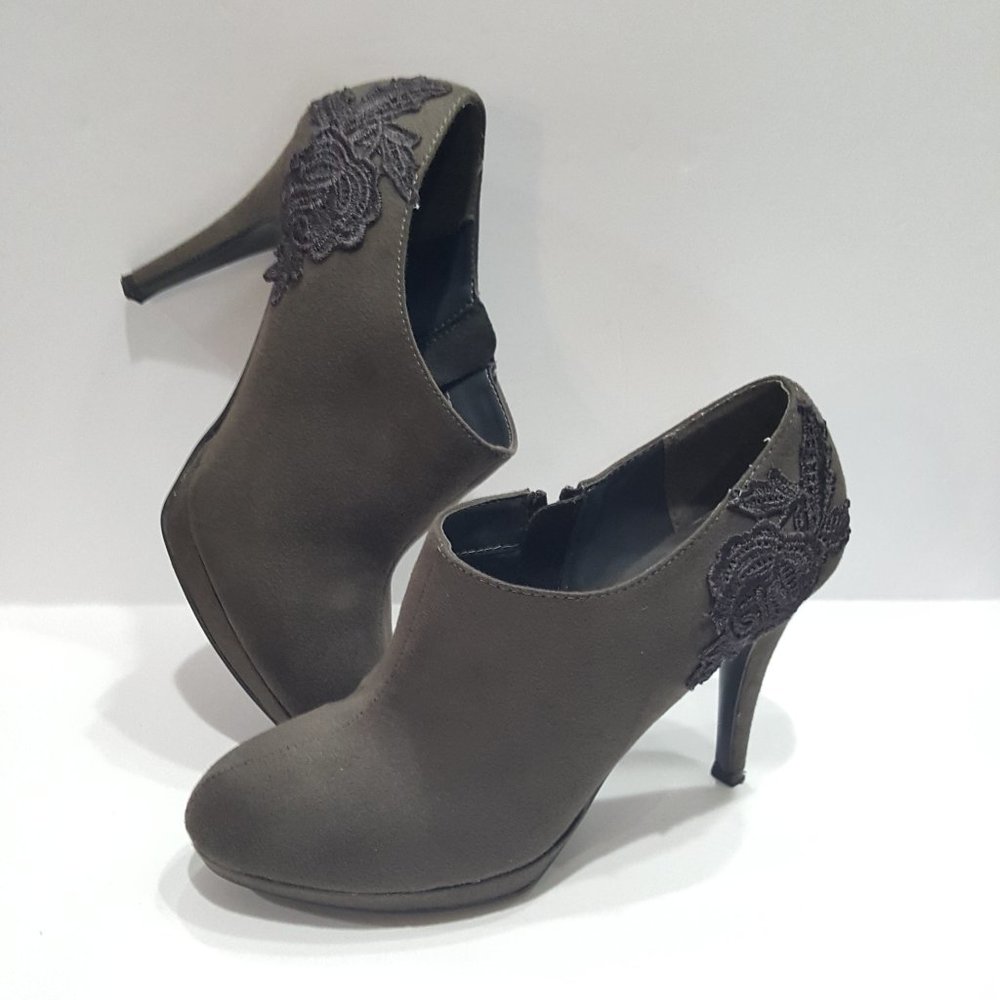 Impo Tavia Lace Detail High Heel Ankle Bootie, Textile Upper, Smoke Gray, Size 7